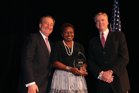NYBC Chairman Howard Milstein; New York City Department of Administrative Services Commissioner Edna Wells Handy; and NYBC President and CEO Christopher Hillyer, M.D., (left to right) at the NYBC 50th Anniversary Gala.